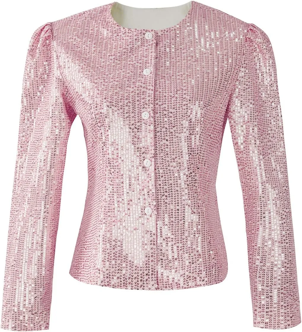 Women's Sequin Jacket Button Long Sleeve Casual Party Sparkle Blazer