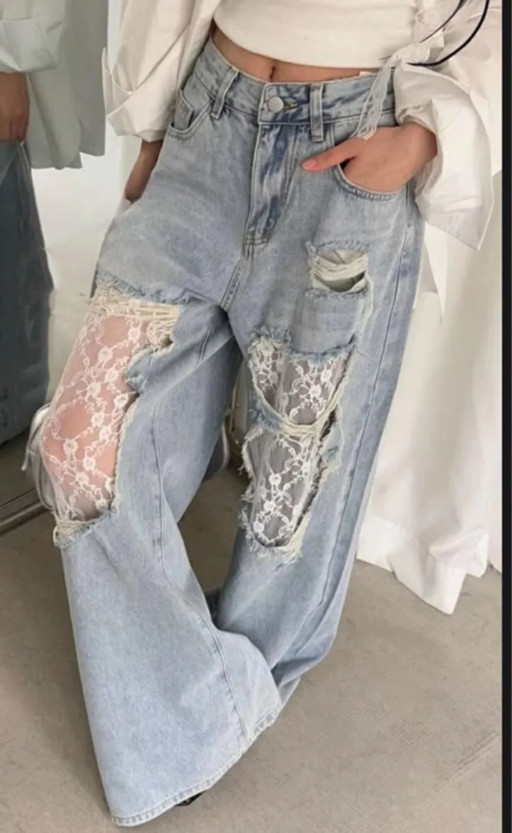 Women's Solid Color Casual High Waist Ripped Lace Stitching Straight Denim Trousers