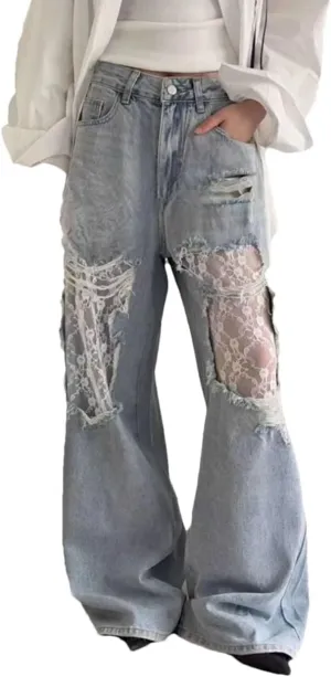 Women's Solid Color Casual High Waist Ripped Lace Stitching Straight Denim Trousers