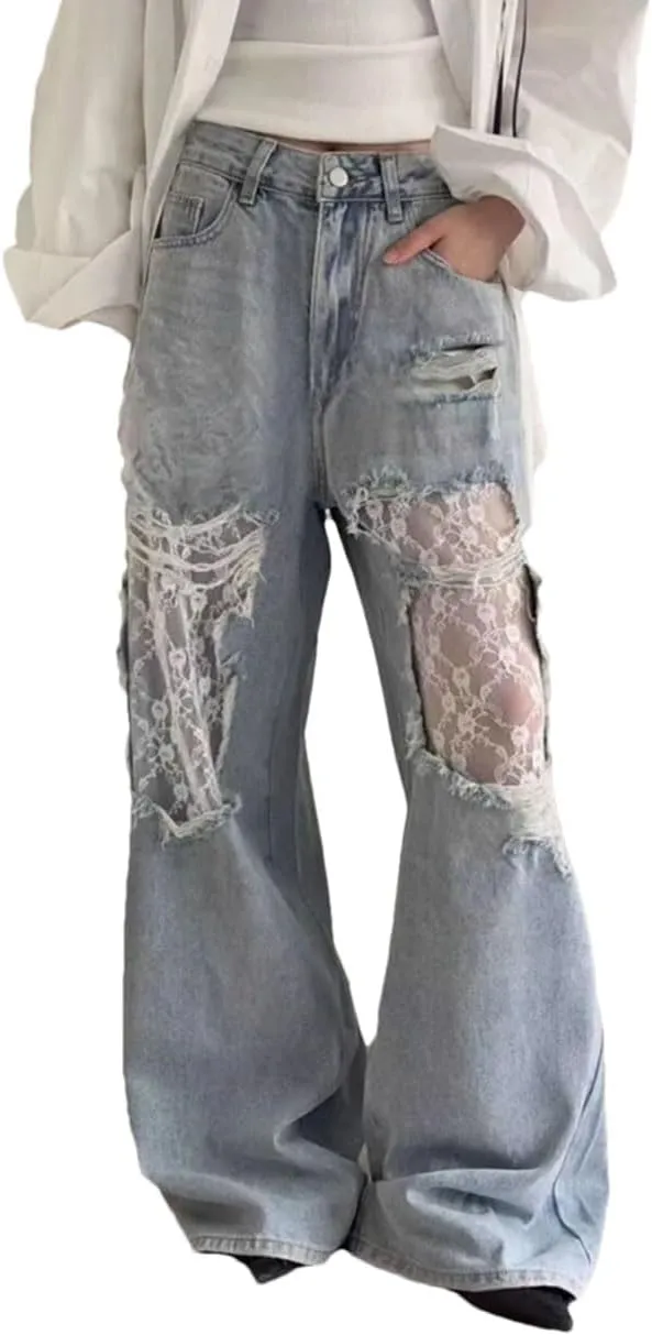 Women's Solid Color Casual High Waist Ripped Lace Stitching Straight Denim Trousers