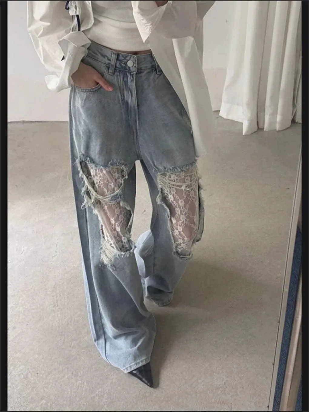Women's Solid Color Casual High Waist Ripped Lace Stitching Straight Denim Trousers