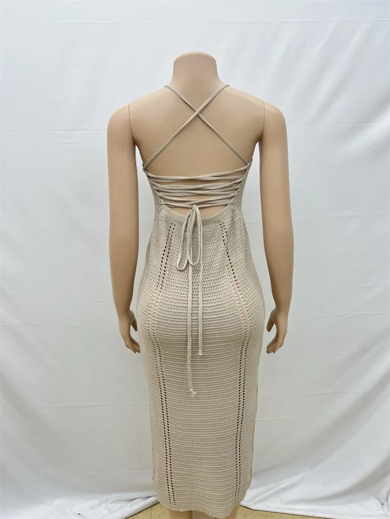 Women's Solid Color deep U-Neck Backless Slim fit Sexy Seaside Vacation Sweater Long Skirt(Khaki,S)