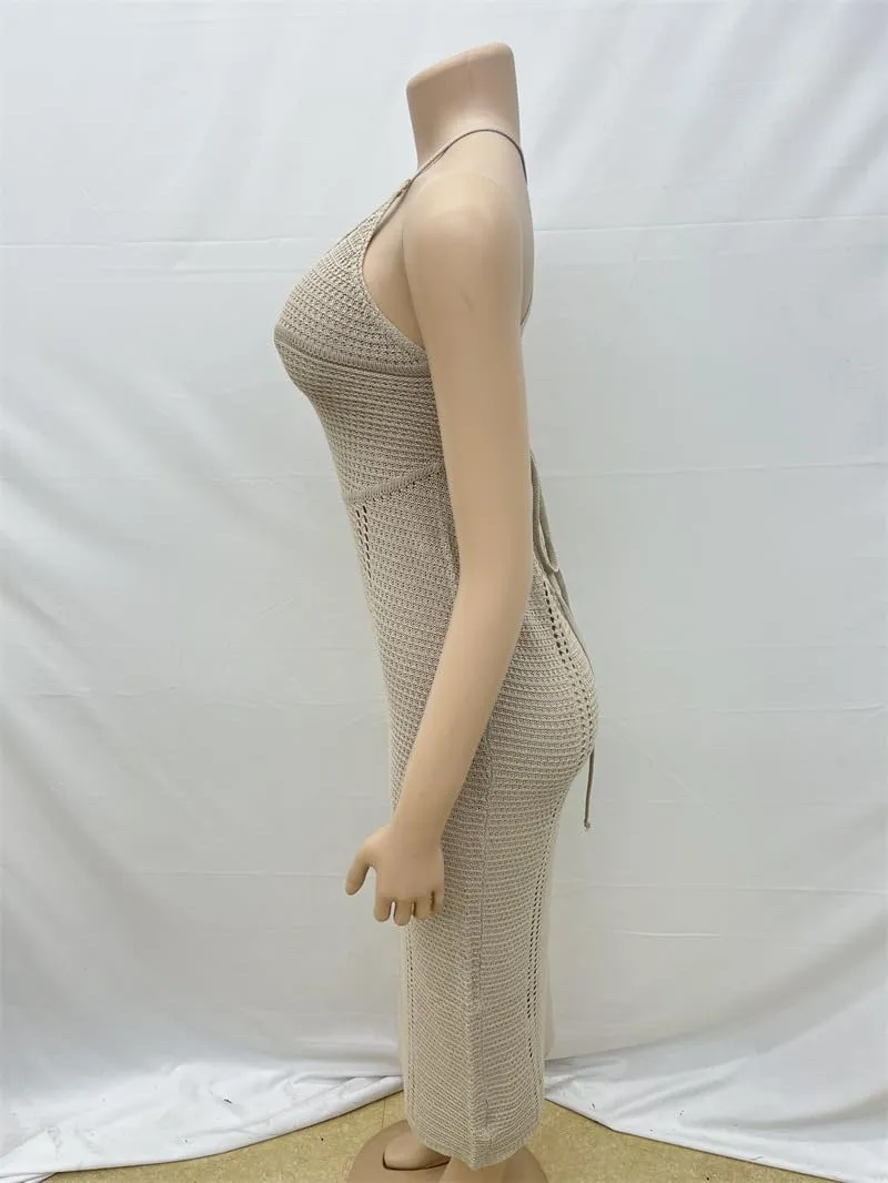 Women's Solid Color deep U-Neck Backless Slim fit Sexy Seaside Vacation Sweater Long Skirt(Khaki,S)