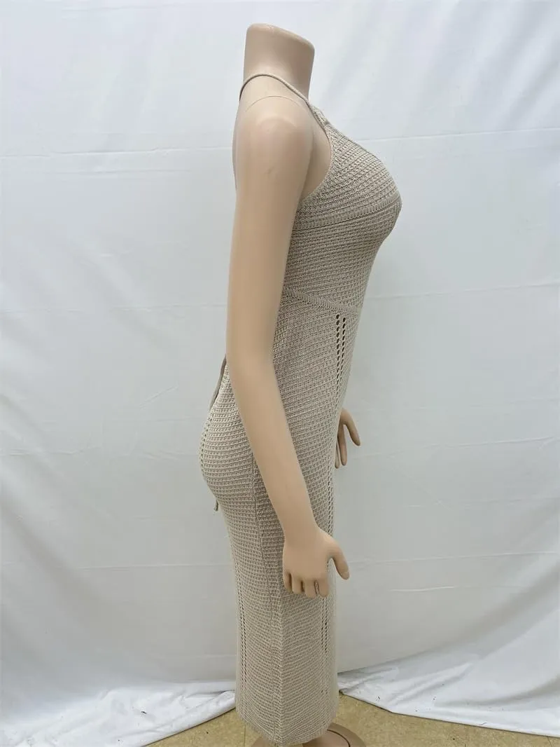 Women's Solid Color deep U-Neck Backless Slim fit Sexy Seaside Vacation Sweater Long Skirt(Khaki,S)