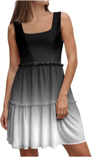 Womens Summer Casual U Neck Sleeveless Mini Dress Boho Floral Ruffle Swing A Line Short Sundresses
