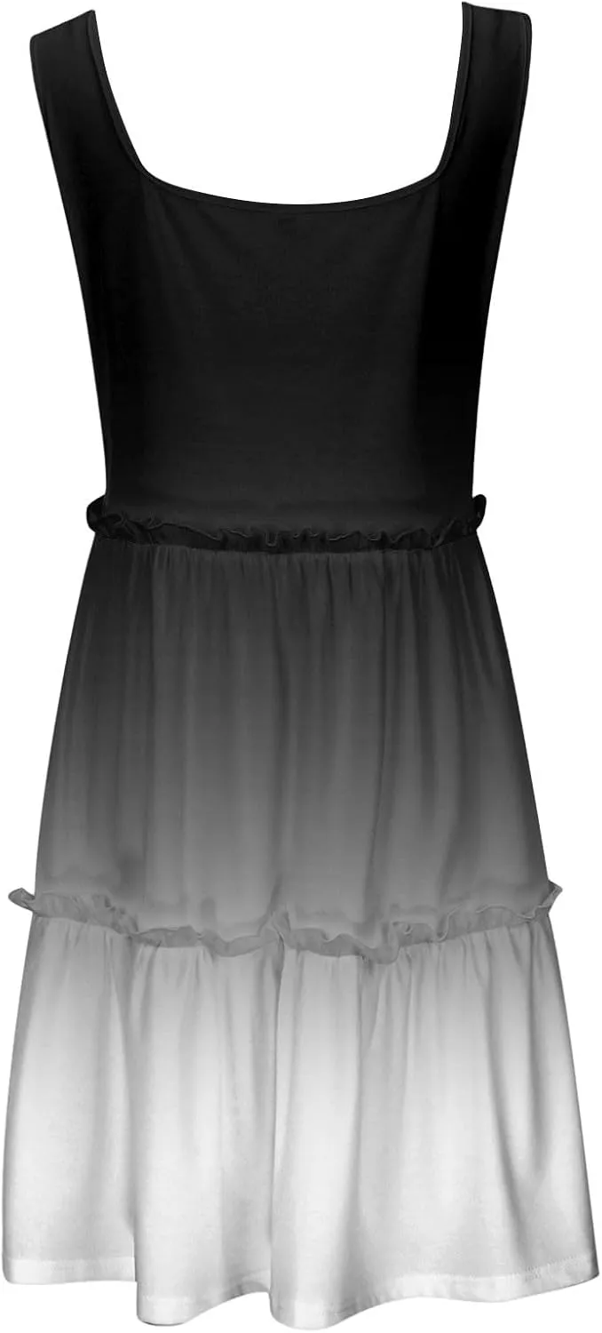 Womens Summer Casual U Neck Sleeveless Mini Dress Boho Floral Ruffle Swing A Line Short Sundresses
