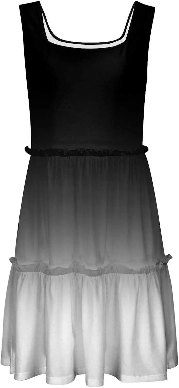 Womens Summer Casual U Neck Sleeveless Mini Dress Boho Floral Ruffle Swing A Line Short Sundresses