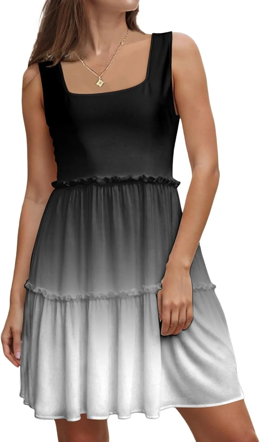 Womens Summer Casual U Neck Sleeveless Mini Dress Boho Floral Ruffle Swing A Line Short Sundresses