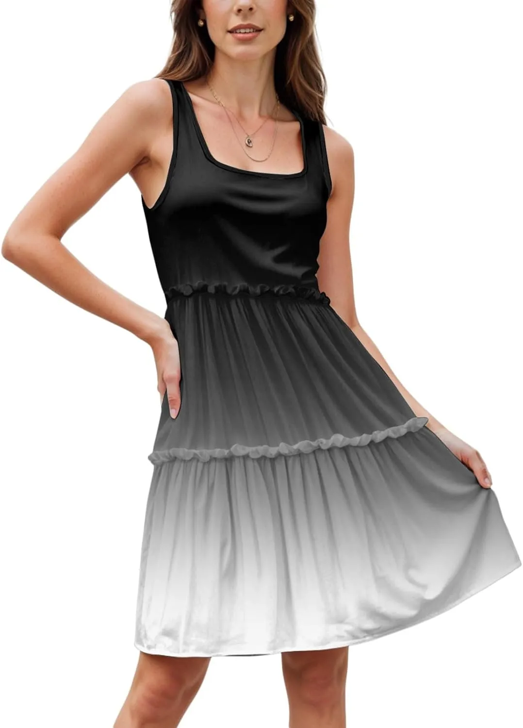 Womens Summer Casual U Neck Sleeveless Mini Dress Boho Floral Ruffle Swing A Line Short Sundresses