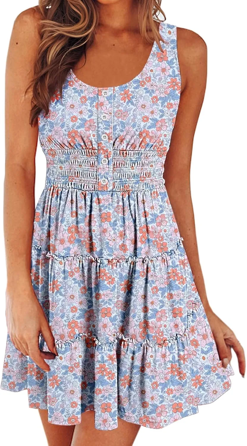 Womens Summer Dresses Sleeveless Button Down Casual Swing Mini Dress