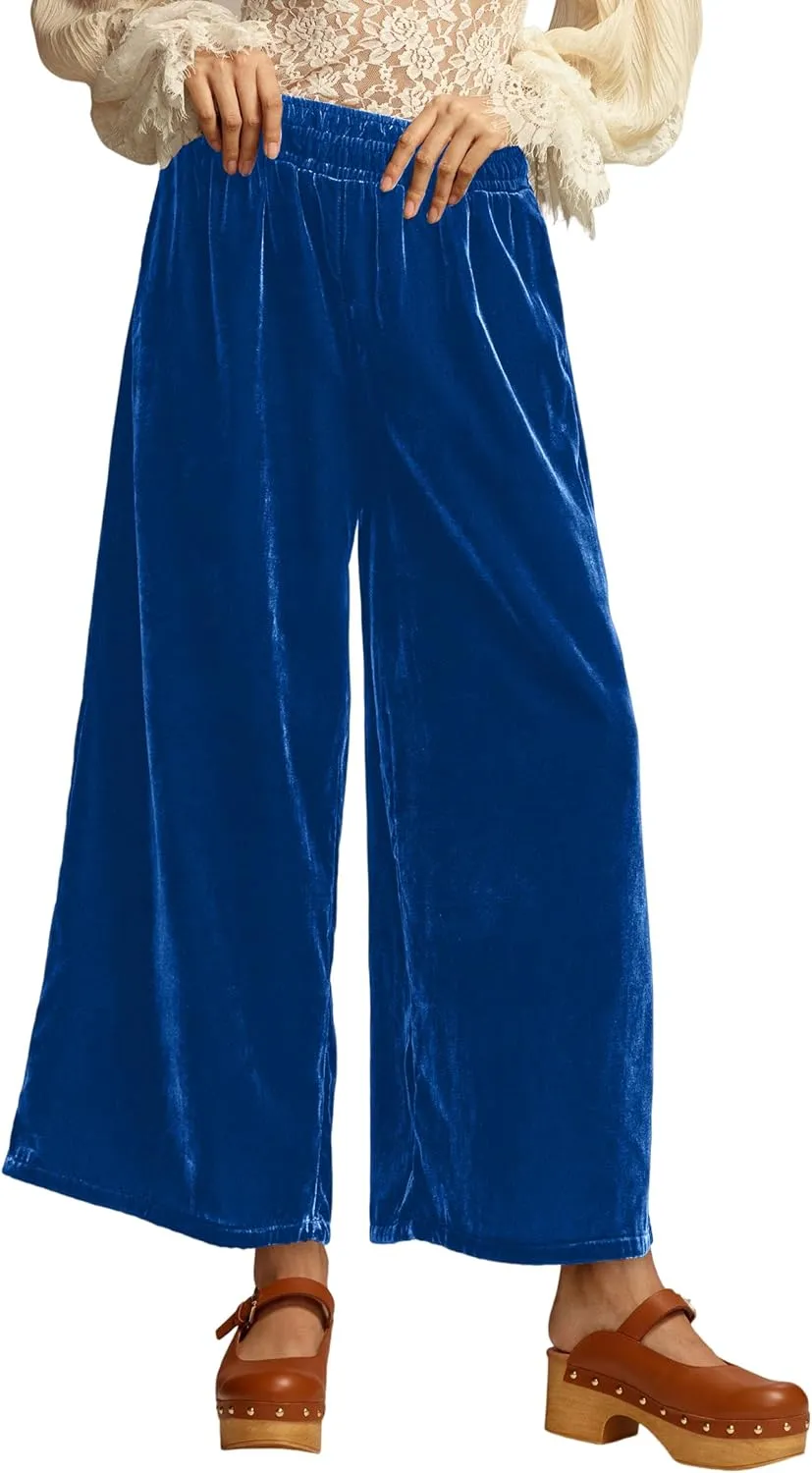Women's Velvet Pants High Elastic Waist Wide Leg Long Pants Casual Lounge Palazzo Pants Vintage Loose Fit Trouser