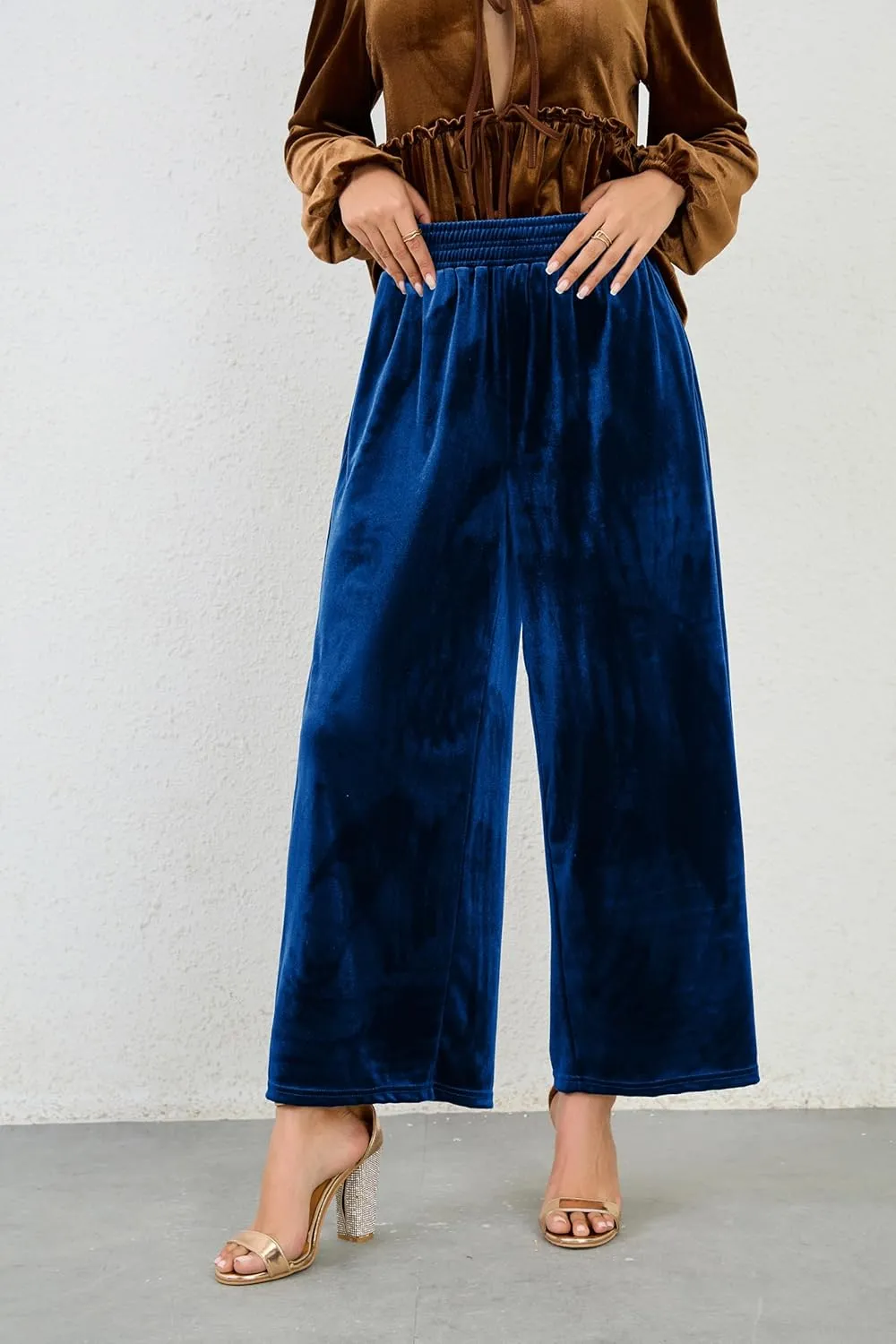 Women's Velvet Pants High Elastic Waist Wide Leg Long Pants Casual Lounge Palazzo Pants Vintage Loose Fit Trouser