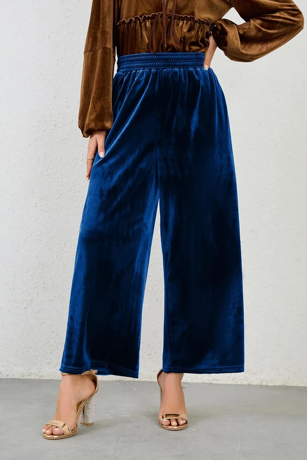 Women's Velvet Pants High Elastic Waist Wide Leg Long Pants Casual Lounge Palazzo Pants Vintage Loose Fit Trouser