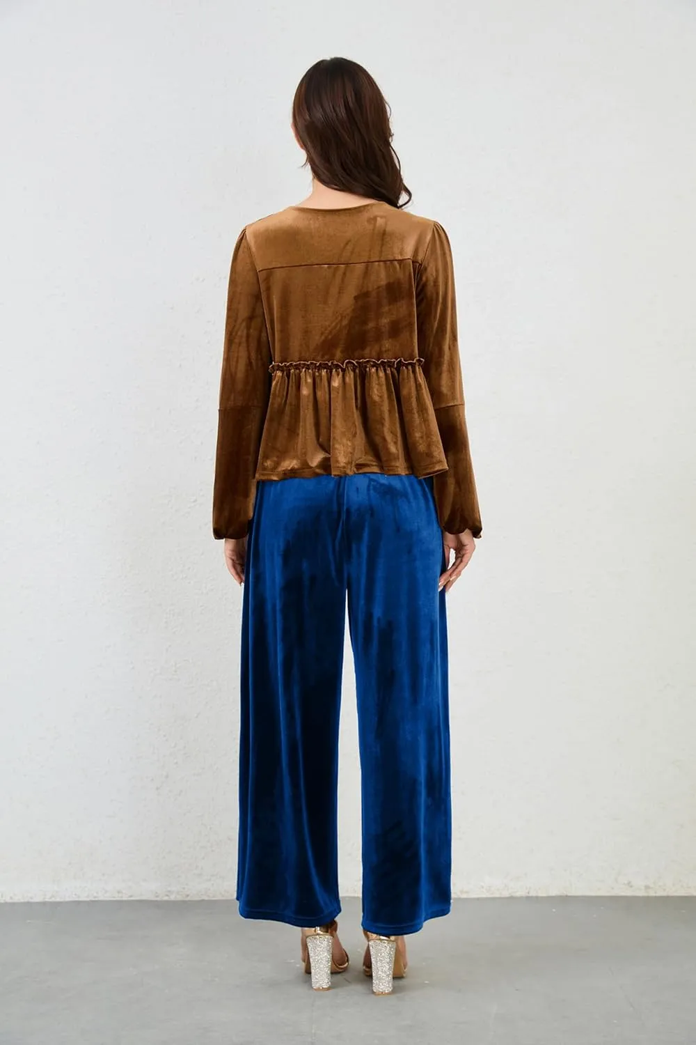 Women's Velvet Pants High Elastic Waist Wide Leg Long Pants Casual Lounge Palazzo Pants Vintage Loose Fit Trouser