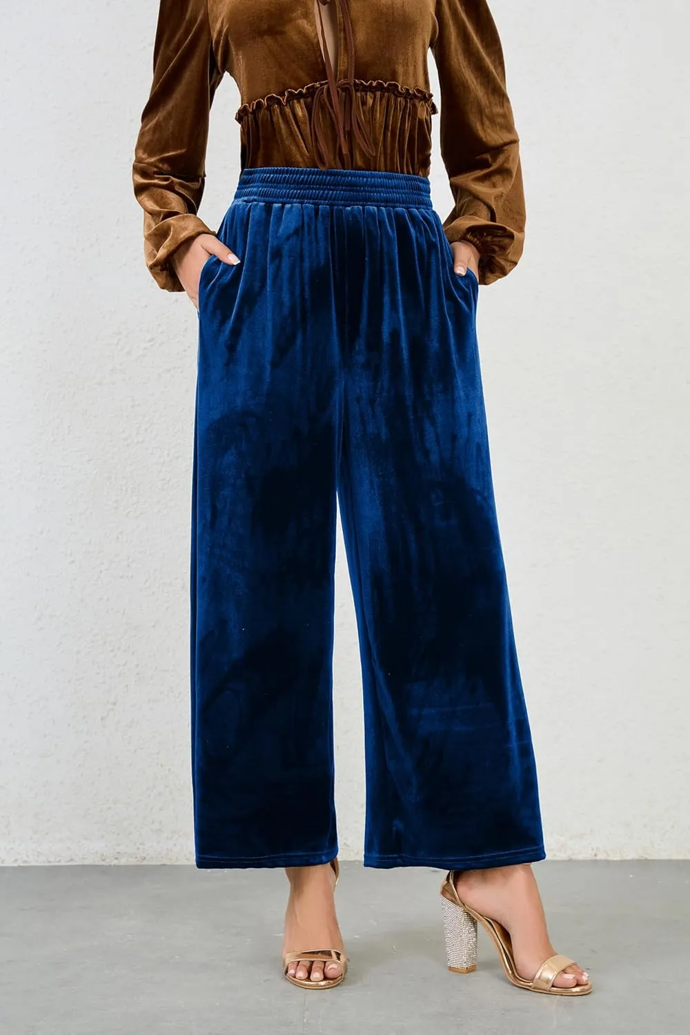 Women's Velvet Pants High Elastic Waist Wide Leg Long Pants Casual Lounge Palazzo Pants Vintage Loose Fit Trouser