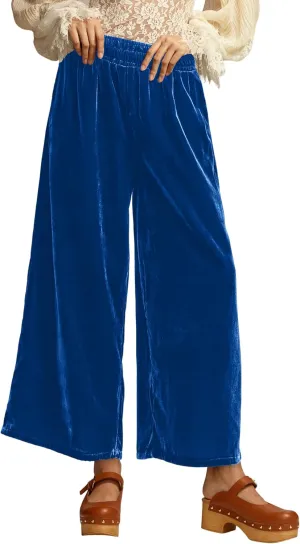 Women's Velvet Pants High Elastic Waist Wide Leg Long Pants Casual Lounge Palazzo Pants Vintage Loose Fit Trouser
