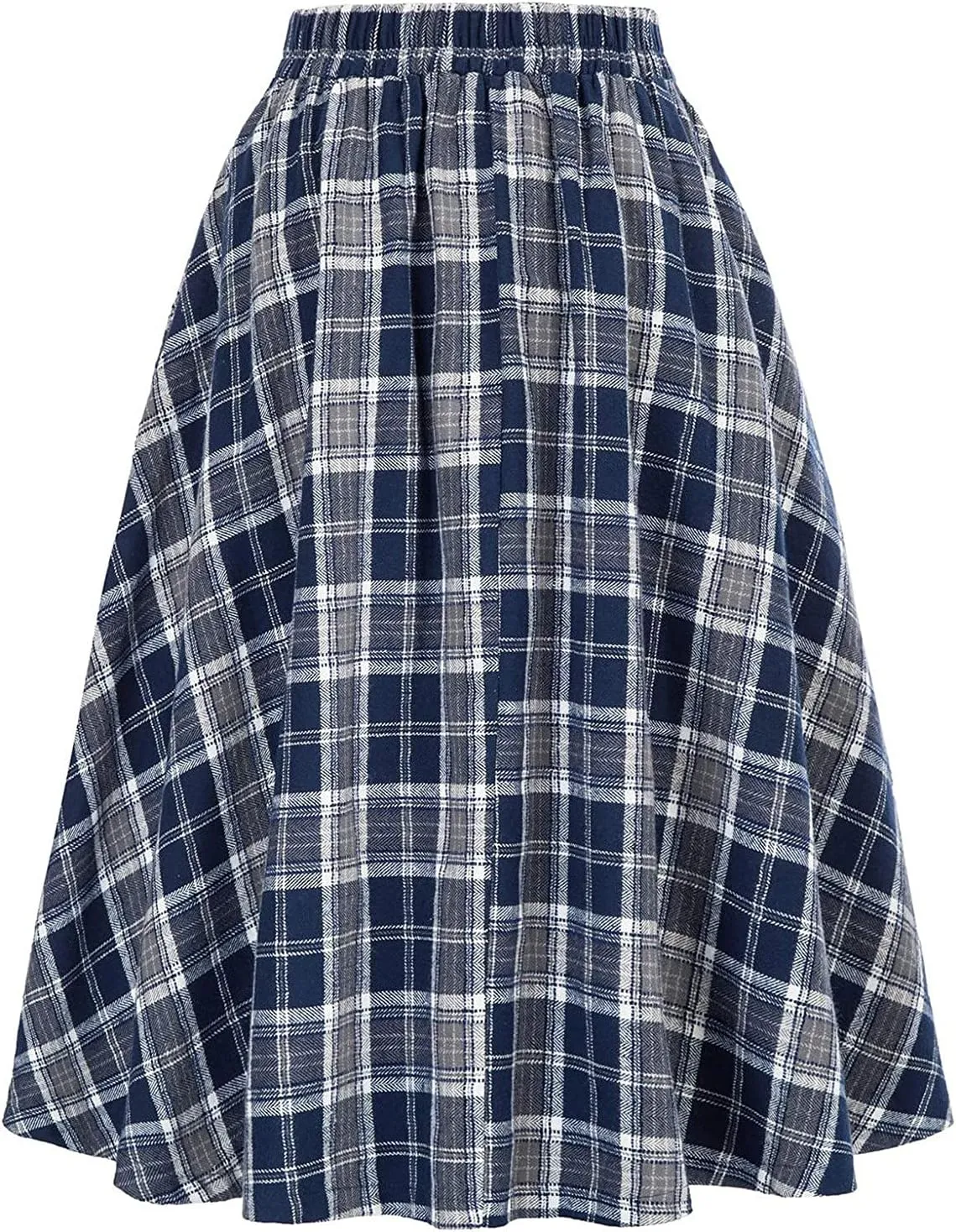 Womens Vintage High Waist Elastic Button Maxi Skirt Casual A-line Plaid Ruffle Versatile Pleated Flare Midi Skirts Blue