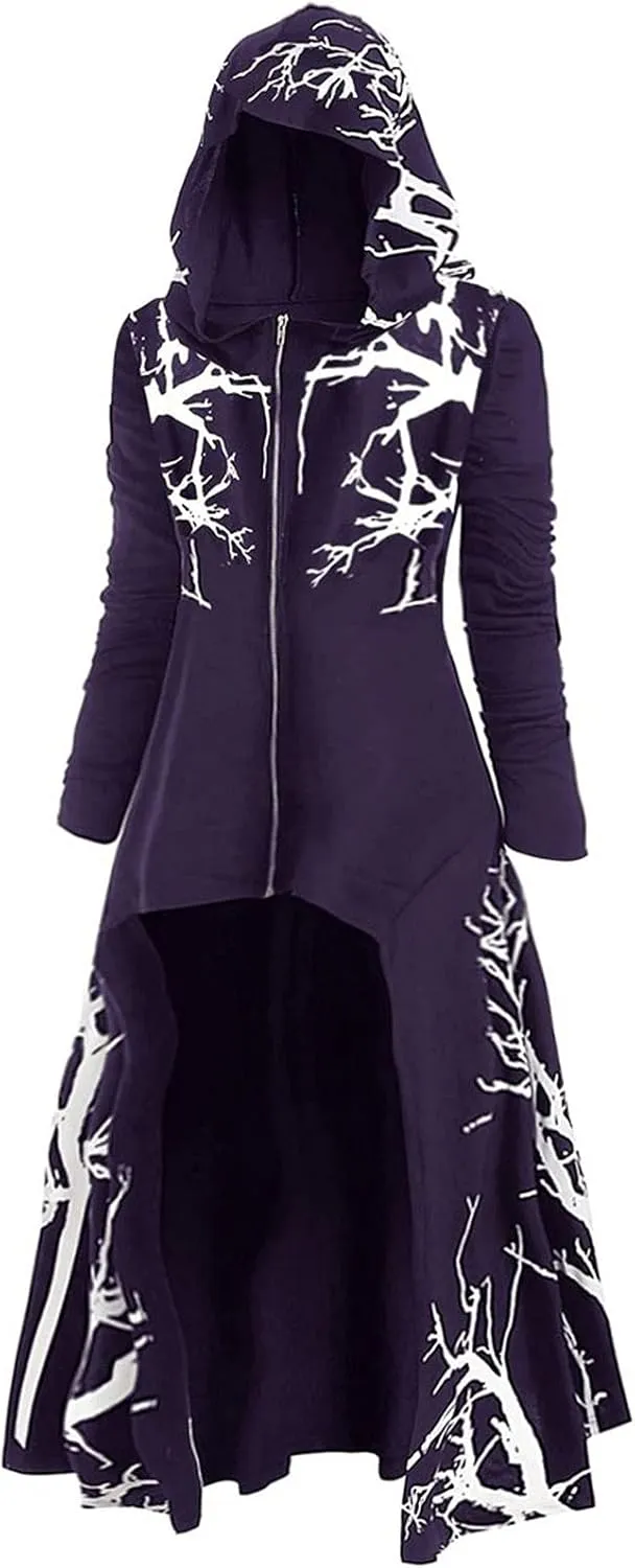 Women's Vintage Hoodies Cloak Halloween Printed Punk Style Long Sleeve Plus Size Midi Hood Pullover Shirts Dresses