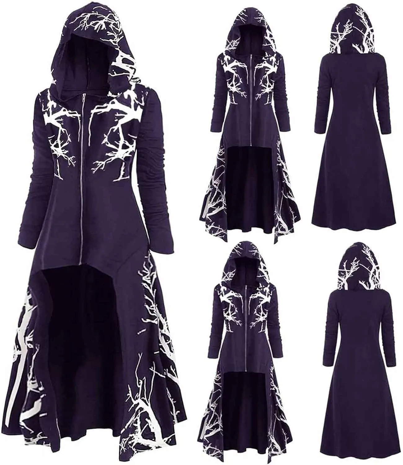 Women's Vintage Hoodies Cloak Halloween Printed Punk Style Long Sleeve Plus Size Midi Hood Pullover Shirts Dresses