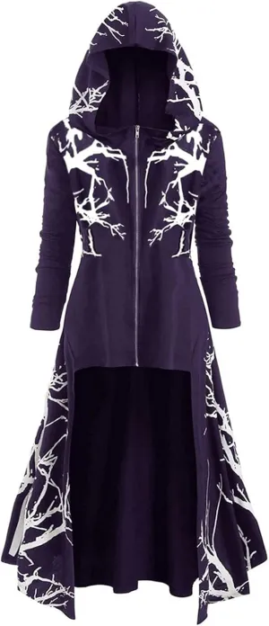 Women's Vintage Hoodies Cloak Halloween Printed Punk Style Long Sleeve Plus Size Midi Hood Pullover Shirts Dresses