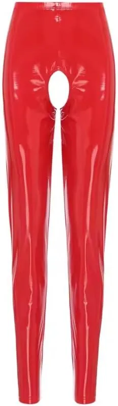 Womens Wet Look PVC Leather Open Crotch Butt Leggings High Waisted Stretchy S-7XL