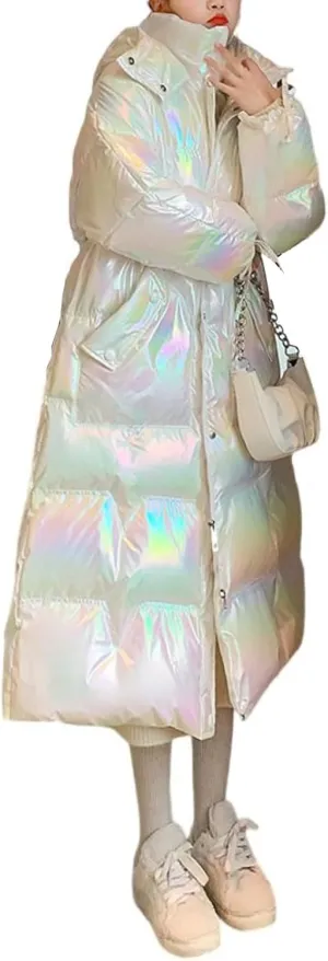 Women's Winter Metallic Long Down Jacket Fashion Shiny Colorful Soft Warm Hooded Quilted Puffer Coat Parka