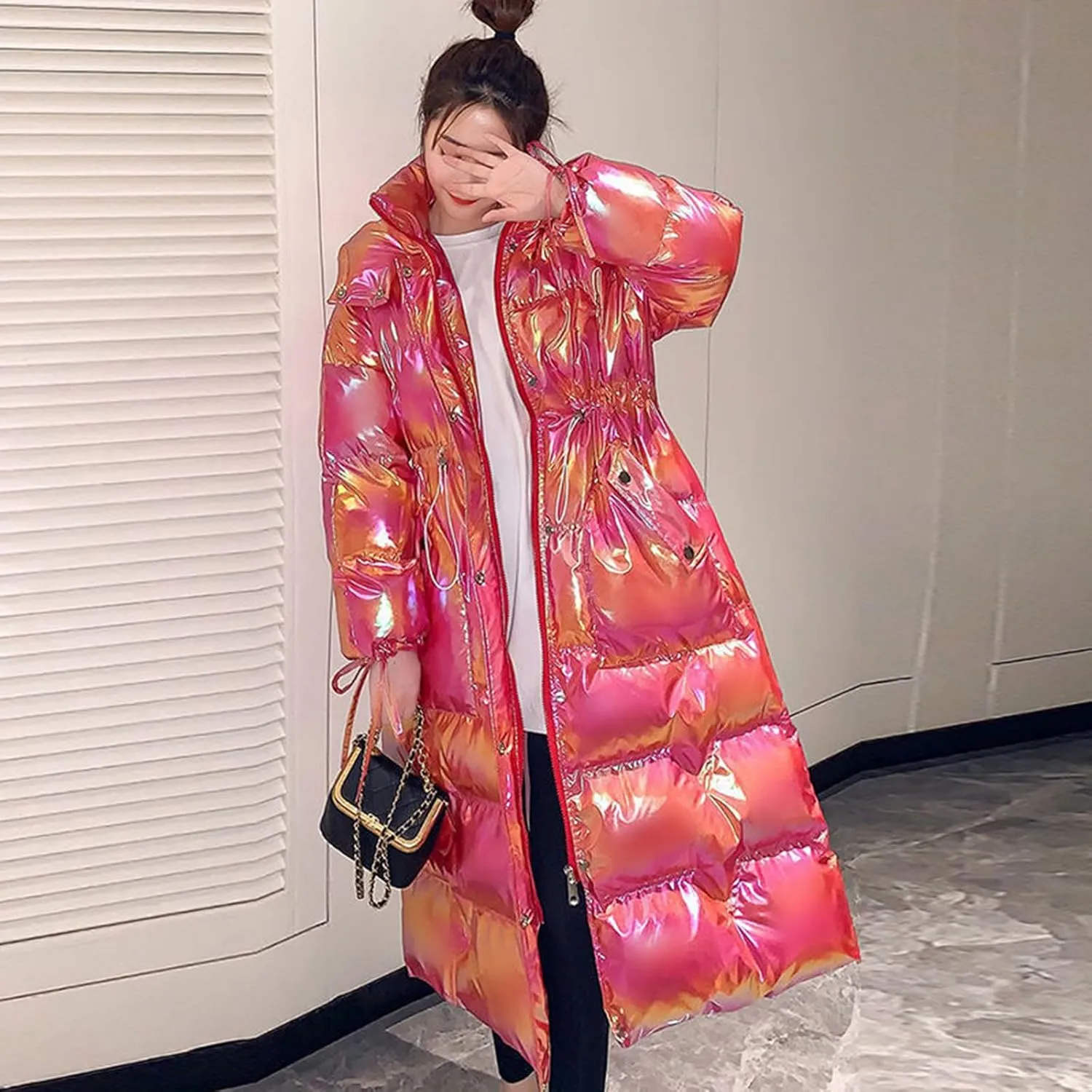 Women's Winter Metallic Long Down Jacket Fashion Shiny Colorful Soft Warm Hooded Quilted Puffer Coat Parka