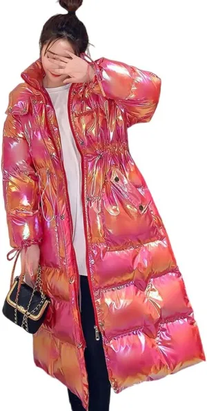 Women's Winter Metallic Long Down Jacket Fashion Shiny Colorful Soft Warm Hooded Quilted Puffer Coat Parka