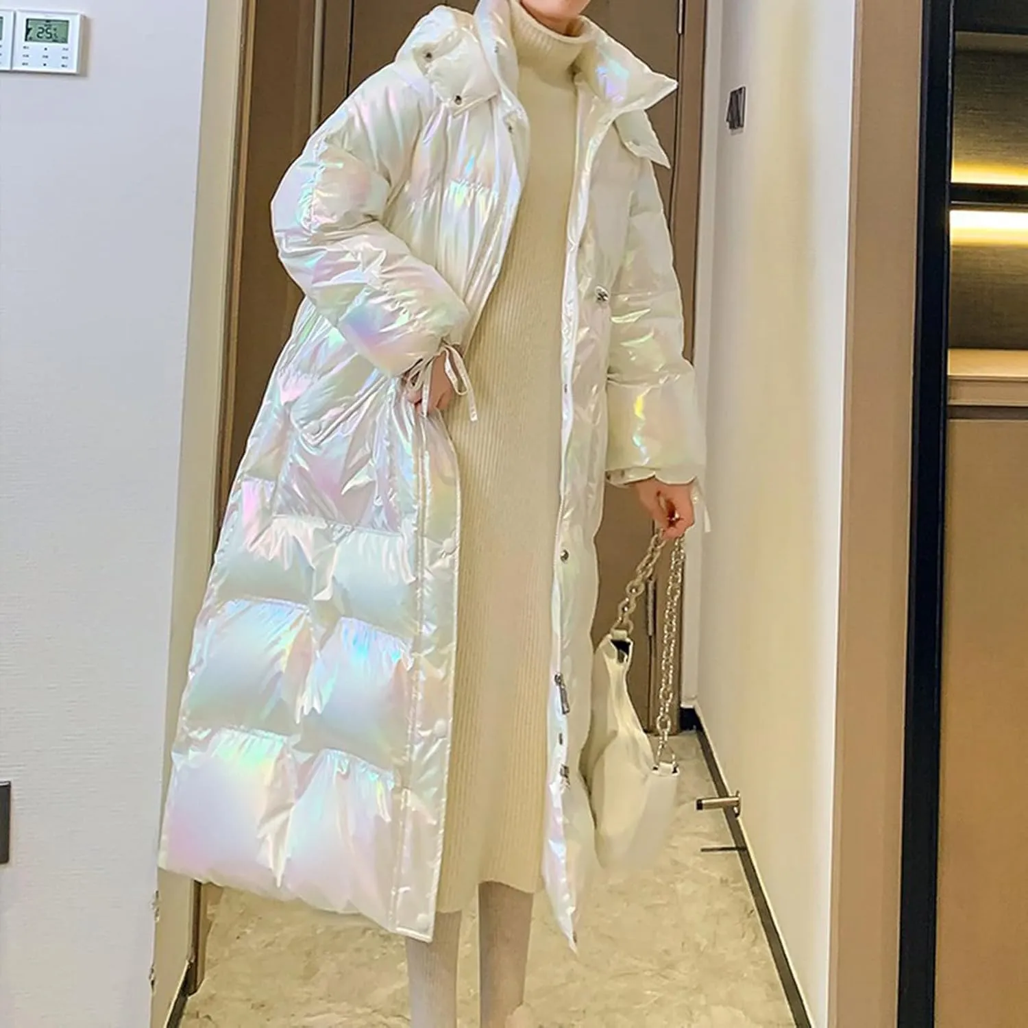 Women's Winter Metallic Long Down Jacket Fashion Shiny Colorful Soft Warm Hooded Quilted Puffer Coat Parka