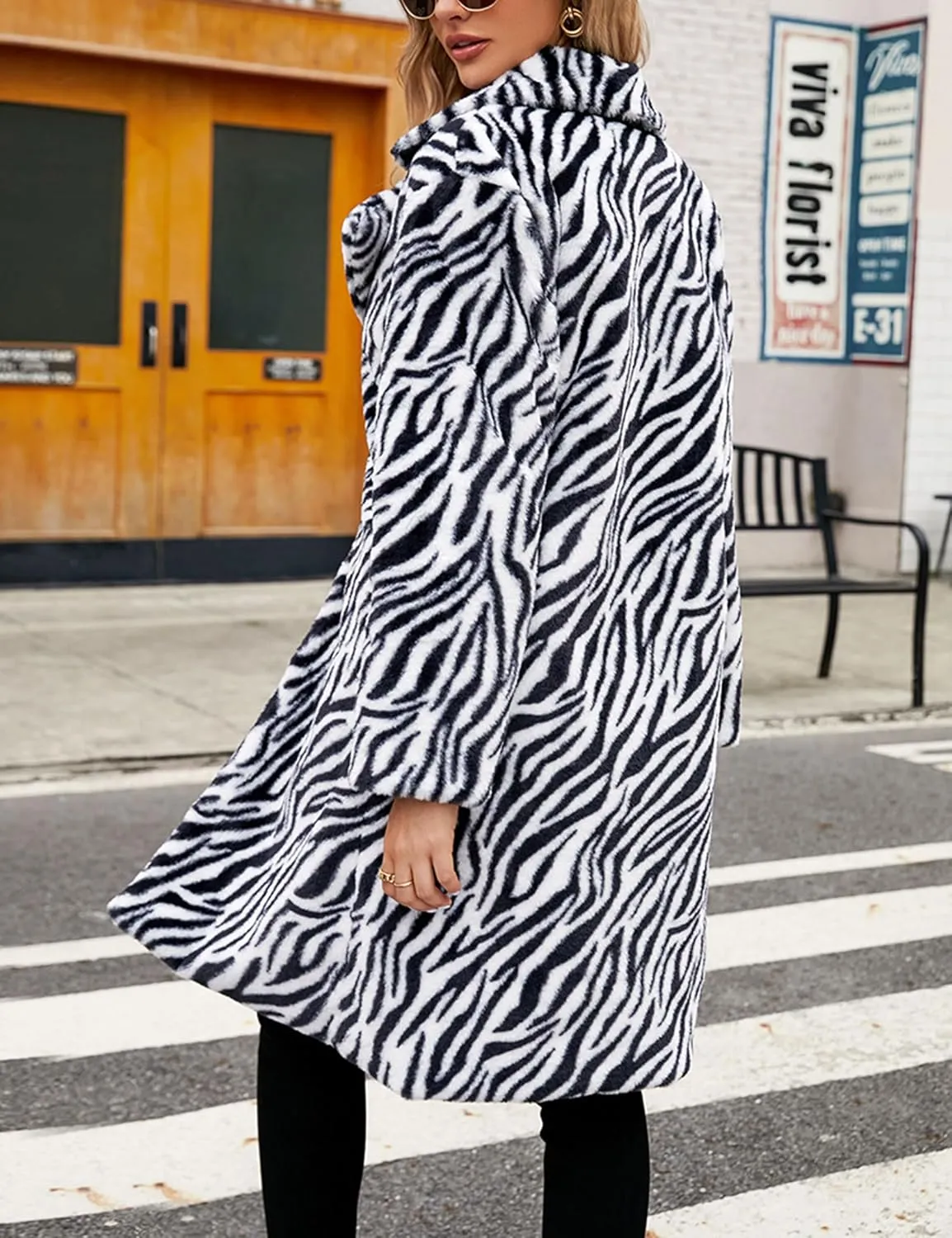 Womens Winter Zebra Faux Fur Loose Lapel Collar Cardigan Long Length Jacket Coat