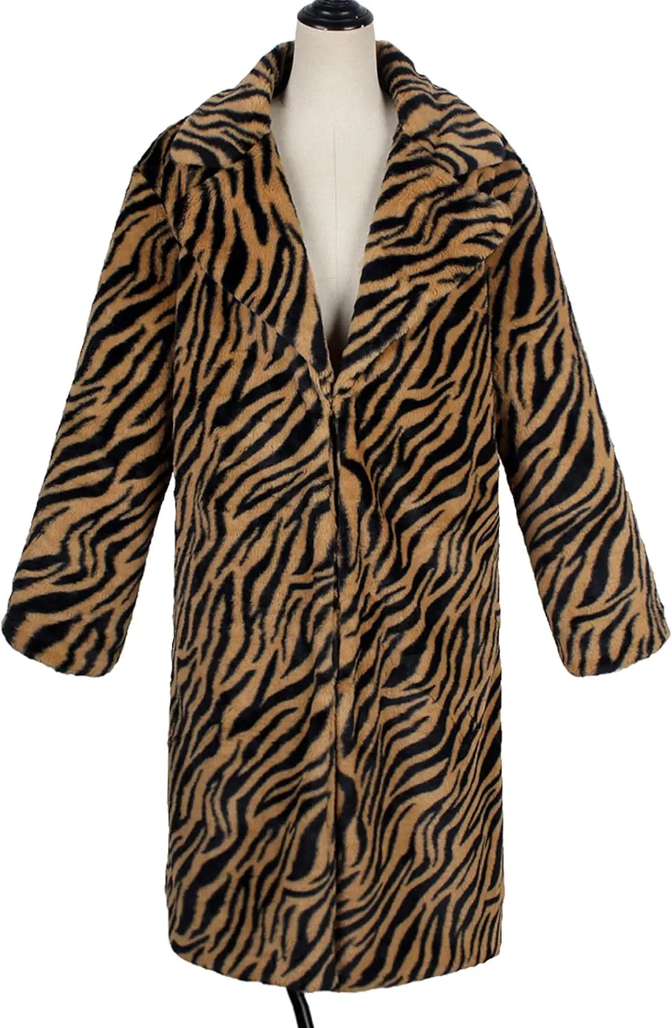 Womens Winter Zebra Faux Fur Loose Lapel Collar Cardigan Long Length Jacket Coat