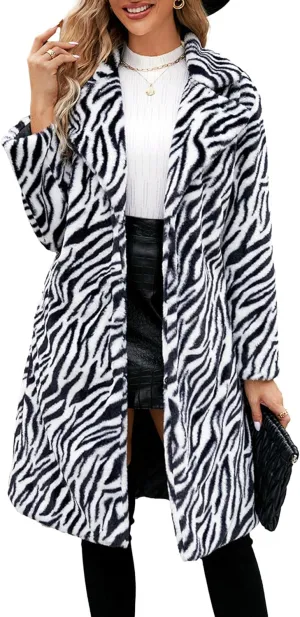 Womens Winter Zebra Faux Fur Loose Lapel Collar Cardigan Long Length Jacket Coat