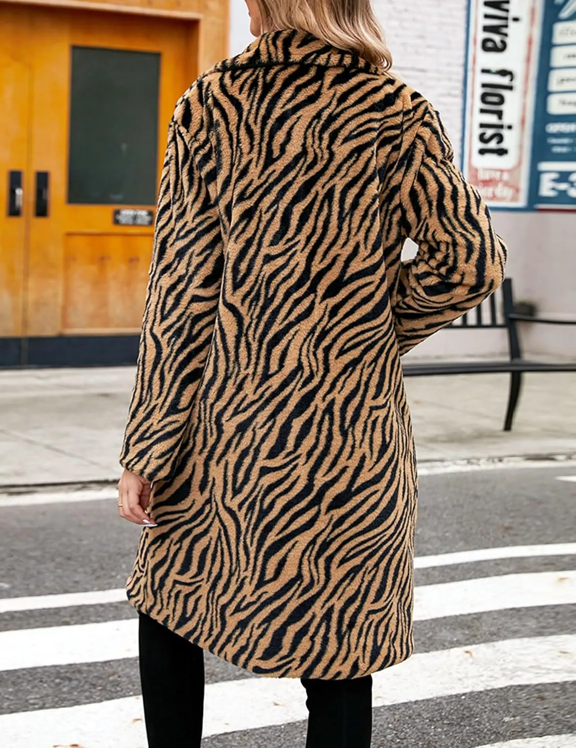 Womens Winter Zebra Faux Fur Loose Lapel Collar Cardigan Long Length Jacket Coat