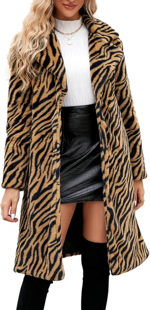 Womens Winter Zebra Faux Fur Loose Lapel Collar Cardigan Long Length Jacket Coat