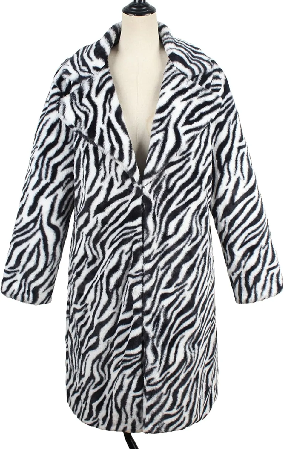 Womens Winter Zebra Faux Fur Loose Lapel Collar Cardigan Long Length Jacket Coat