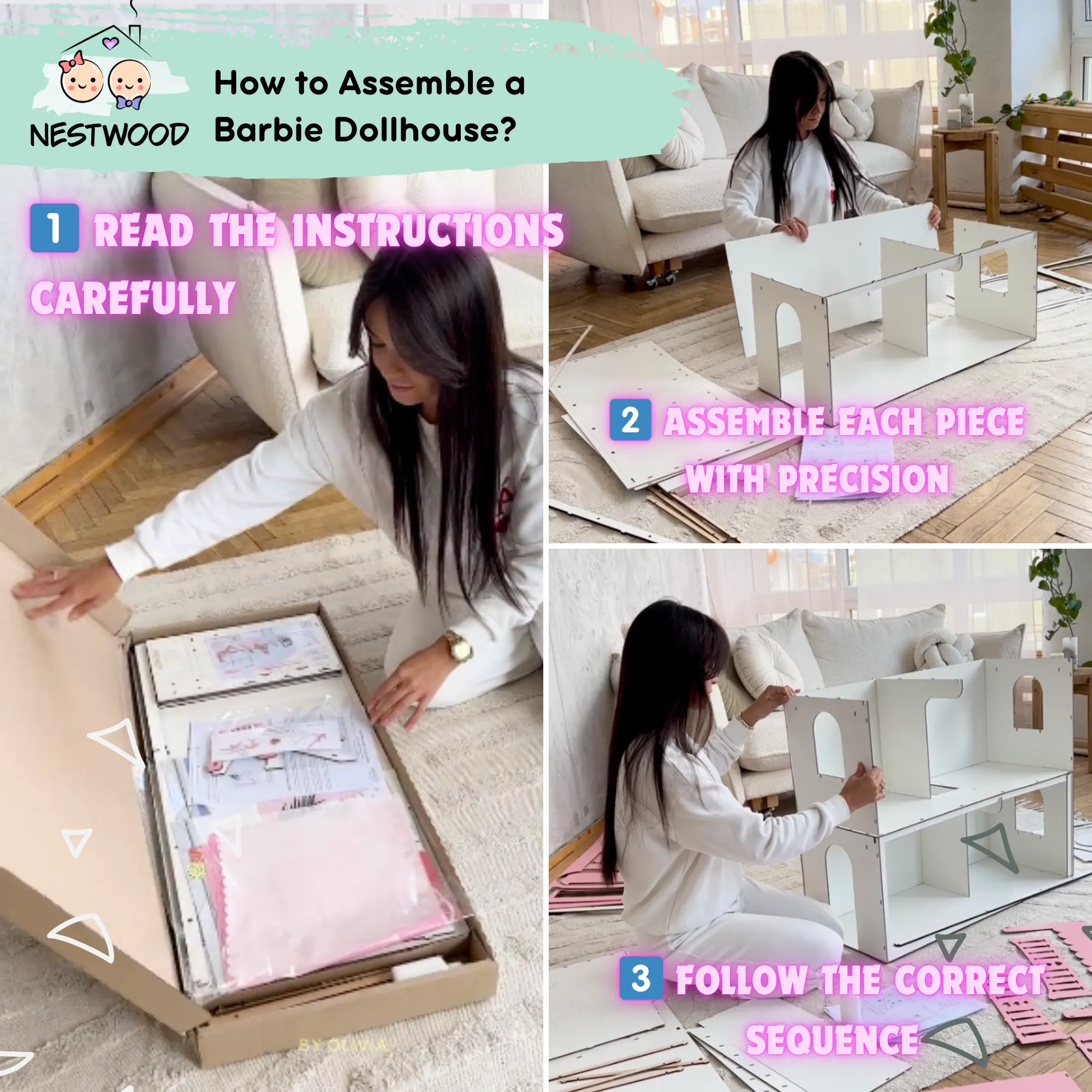 Wooden dollhouse Fantasy with organizer scale 1:6 NestWood pink