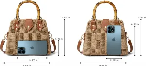 Woven Straw Handbag with Bamboo Handle, Brown Leather Trim, Crossbody Strap, Natural