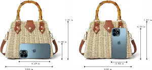Woven Straw Handbag with Bamboo Handle, Brown Leather Trim, Crossbody Strap, Natural