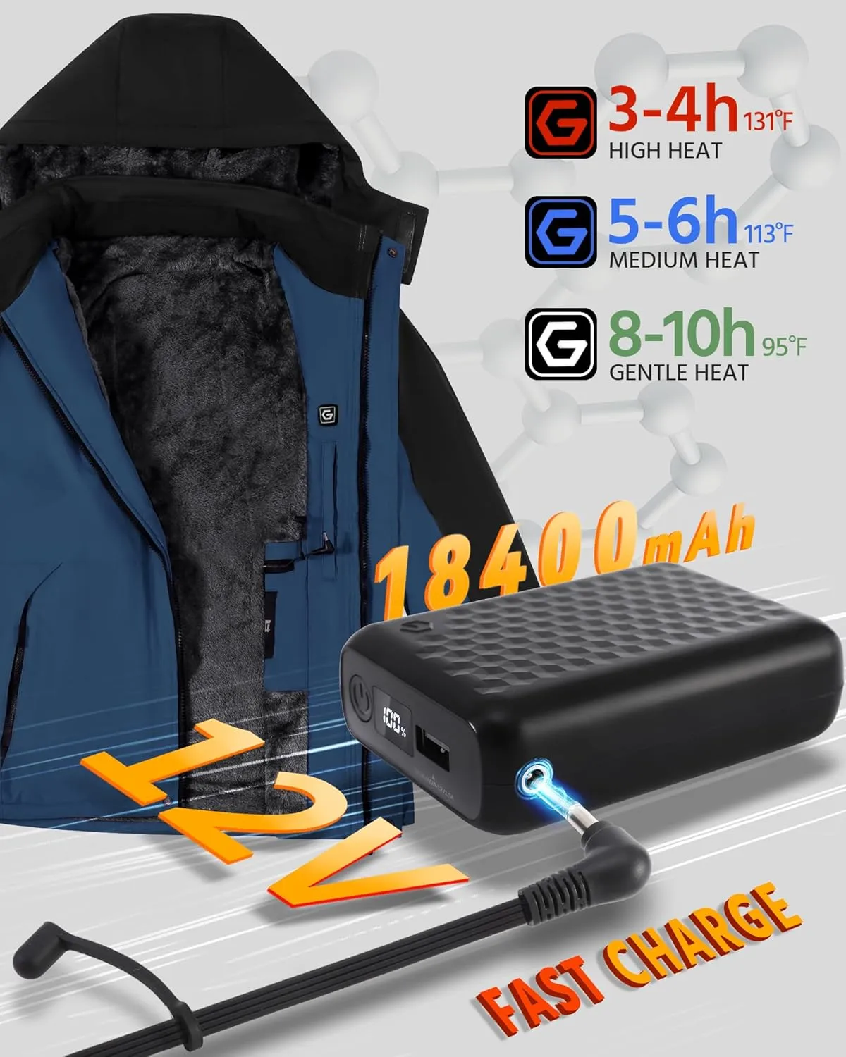 Wulcea Graphene Heated Jacket for Men Fur Lined with Large Capacity Battery Pack