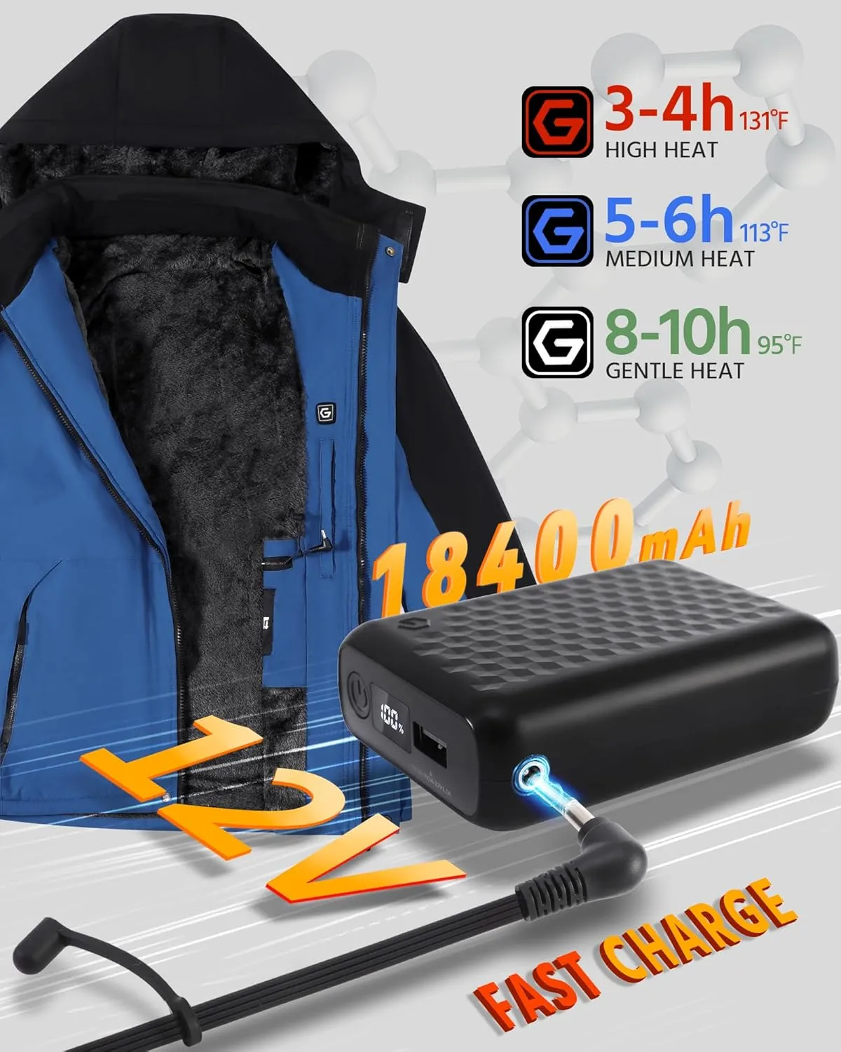 Wulcea Graphene Heated Jacket for Men Fur Lined with Large Capacity Battery Pack