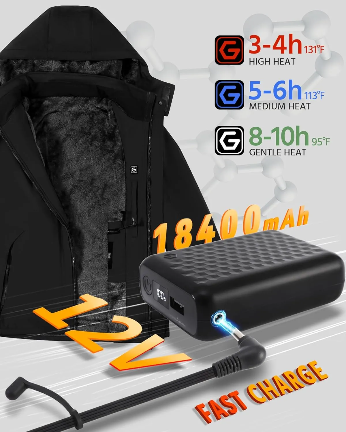 Wulcea Graphene Heated Jacket for Men Fur Lined with Large Capacity Battery Pack