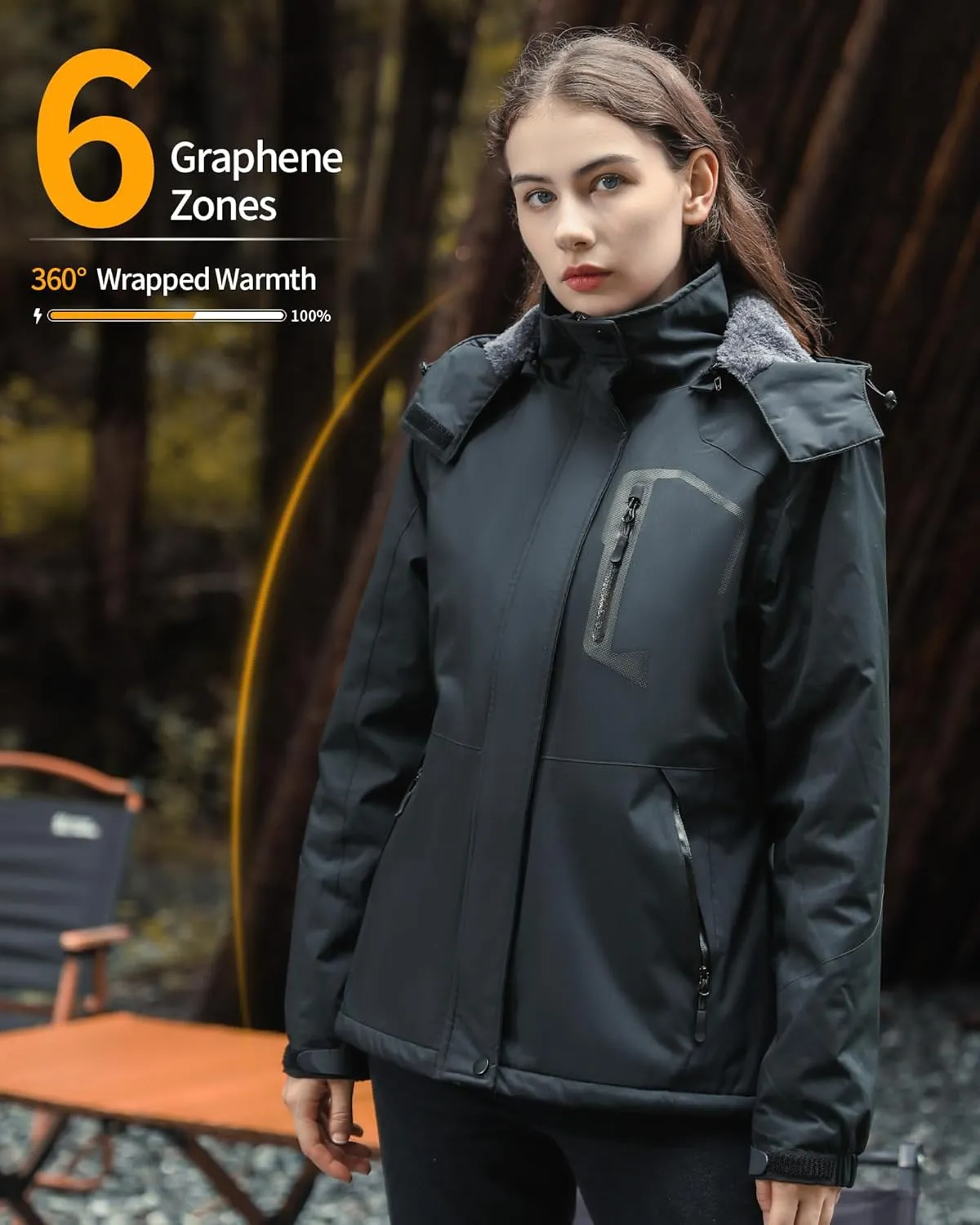 Wulcea Graphene Heated Jacket for Women Fur Lined with Large Capacity Battery Pack