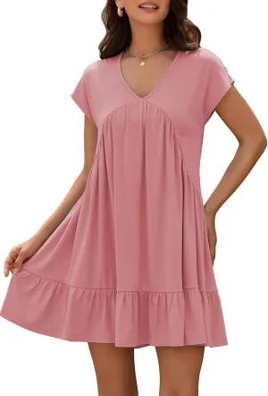 ZAFUL Women's T Shirt Dress V Neck Summer Casual Ruffle Short Sleeve Swing Dresses