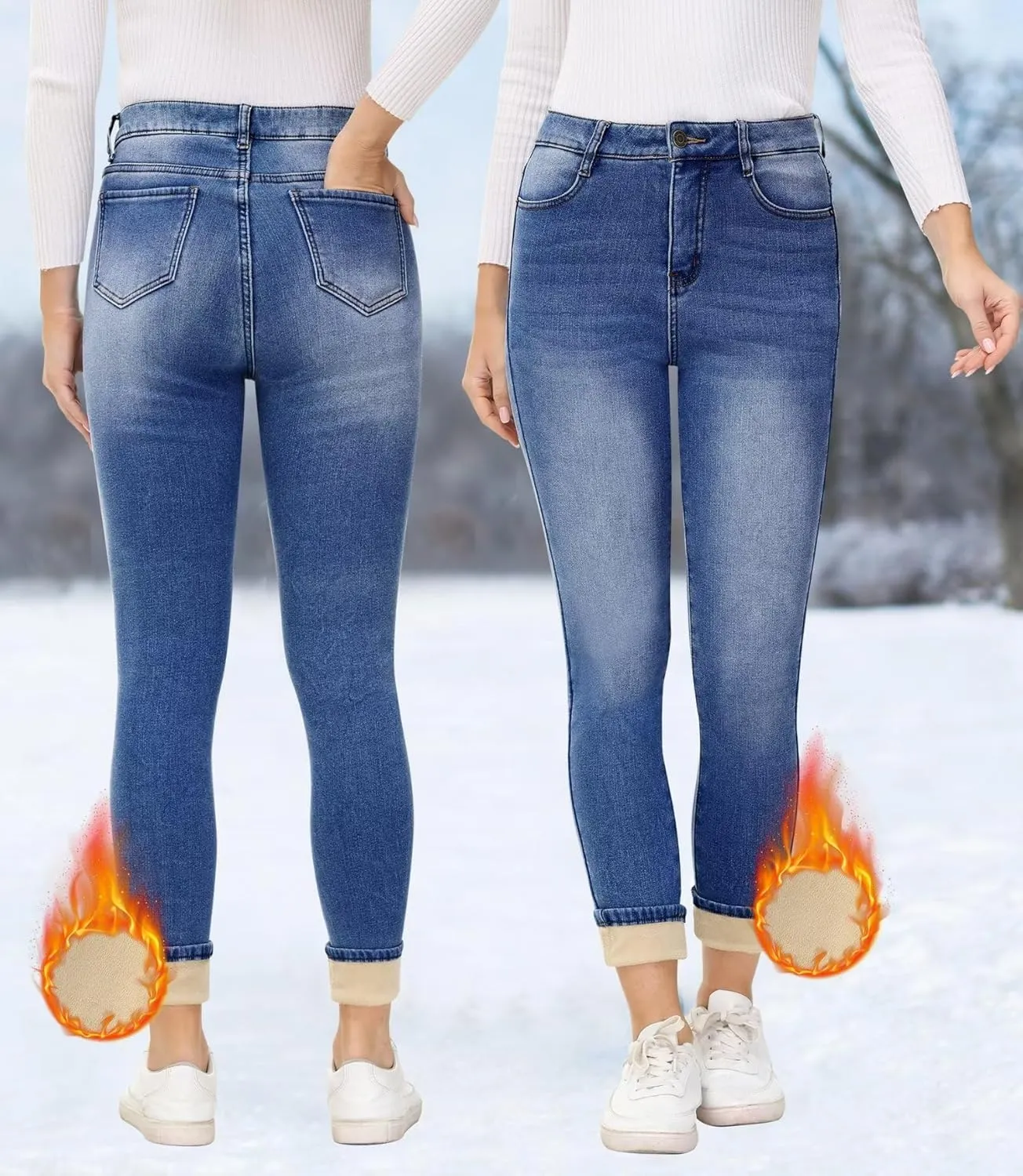 ZQIWIN Women's Fleece Lined Jeans Warm Fleece Lined Pants Women 2023 Winter Flannel Skinny Leggings Jeans